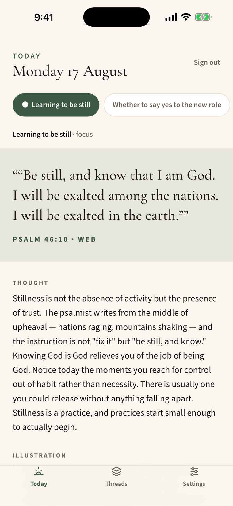 Ponder's Today screen showing a passage from Psalm 46 with a short reflection